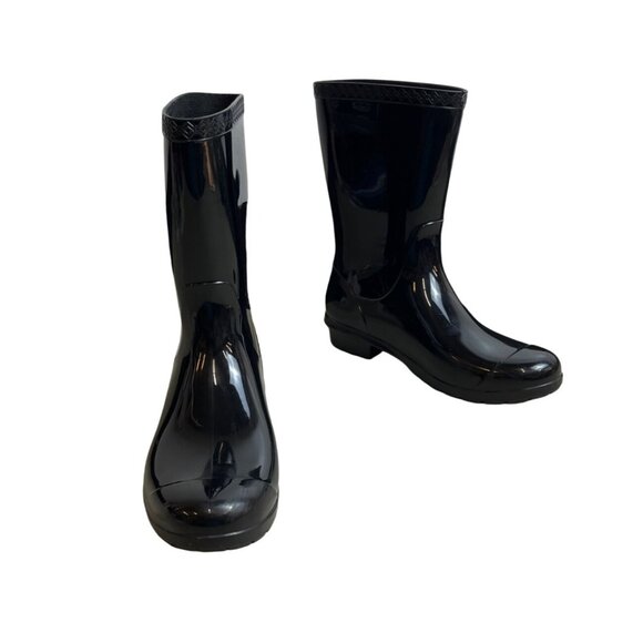 UGG Women's Shiny Black Rubber Signature Logo Sienna Rain Boots Sz 7 - Picture 2 of 14